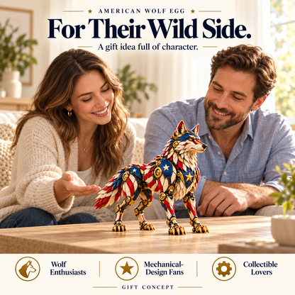 🐺 American Wolf Egg – Stars & Stripes Mechanical Wolf Figure with Layered Armor & Gold-Toned Details