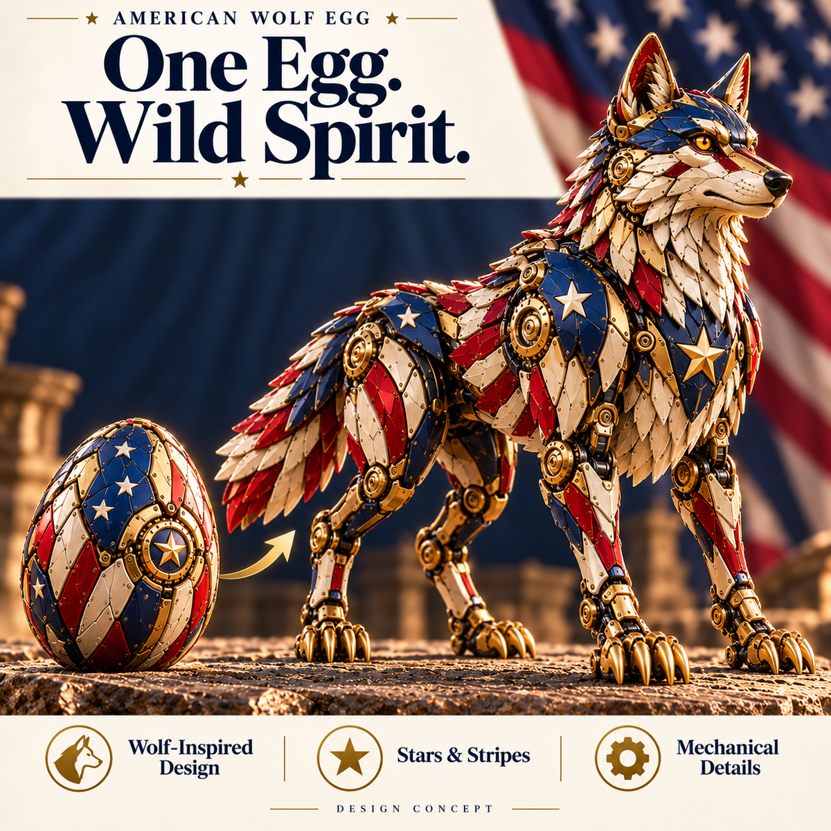 🐺 American Wolf Egg – Stars & Stripes Mechanical Wolf Figure with Layered Armor & Gold-Toned Details