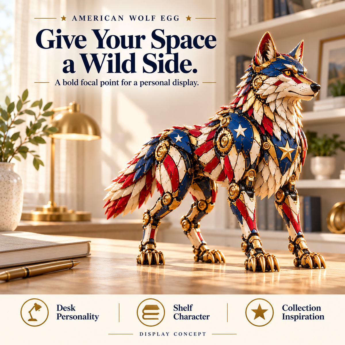 🐺 American Wolf Egg – Stars & Stripes Mechanical Wolf Figure with Layered Armor & Gold-Toned Details