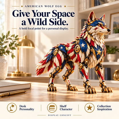 🐺 American Wolf Egg – Stars & Stripes Mechanical Wolf Figure with Layered Armor & Gold-Toned Details