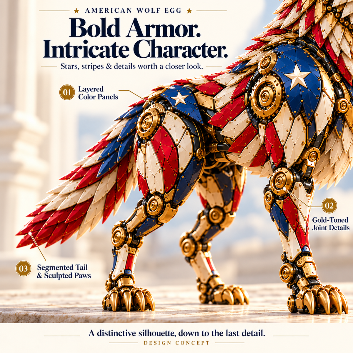 🐺 American Wolf Egg – Stars & Stripes Mechanical Wolf Figure with Layered Armor & Gold-Toned Details