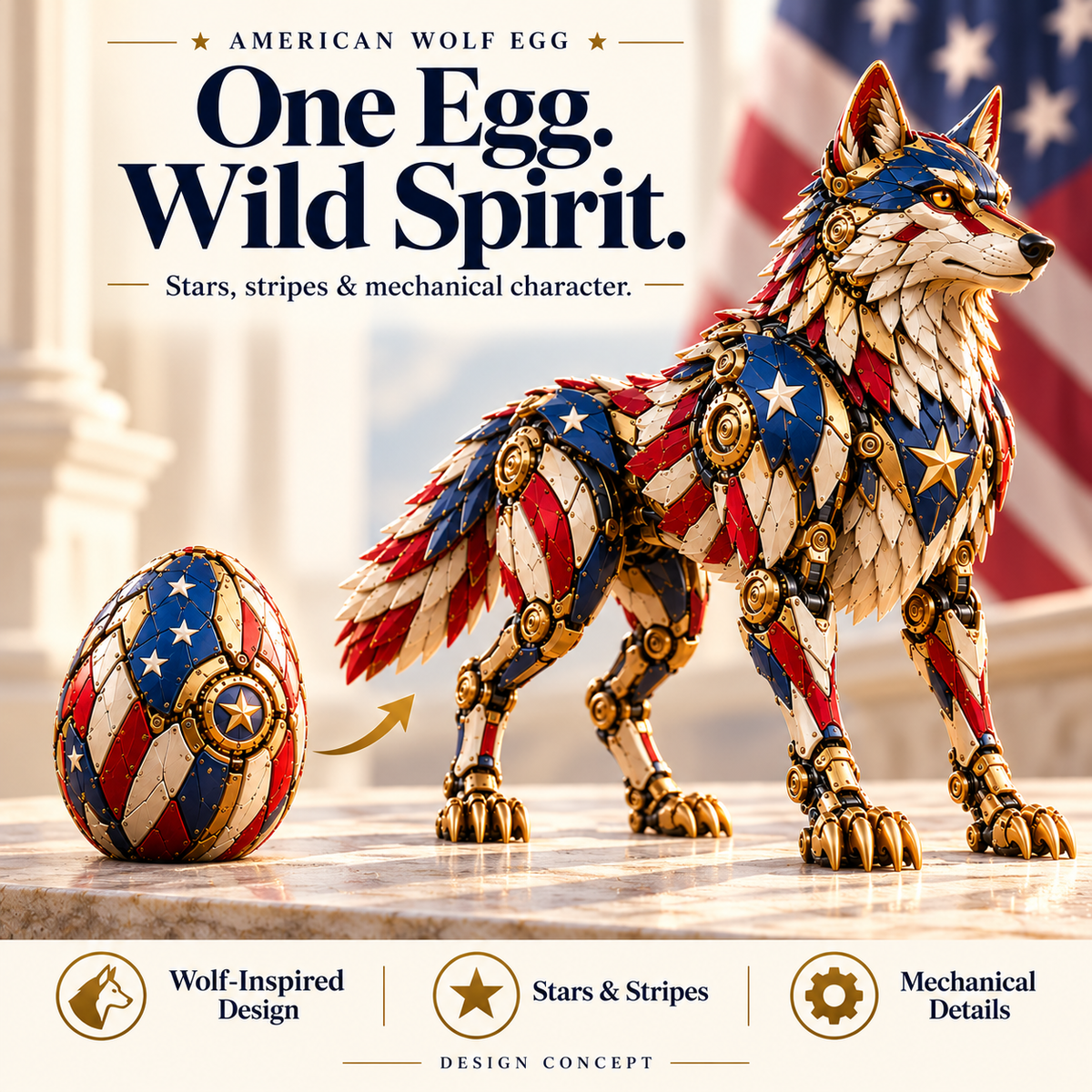 🐺 American Wolf Egg – Stars & Stripes Mechanical Wolf Figure with Layered Armor & Gold-Toned Details