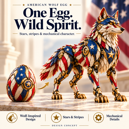 🐺 American Wolf Egg – Stars & Stripes Mechanical Wolf Figure with Layered Armor & Gold-Toned Details