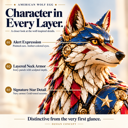 🐺 American Wolf Egg – Stars & Stripes Mechanical Wolf Figure with Layered Armor & Gold-Toned Details