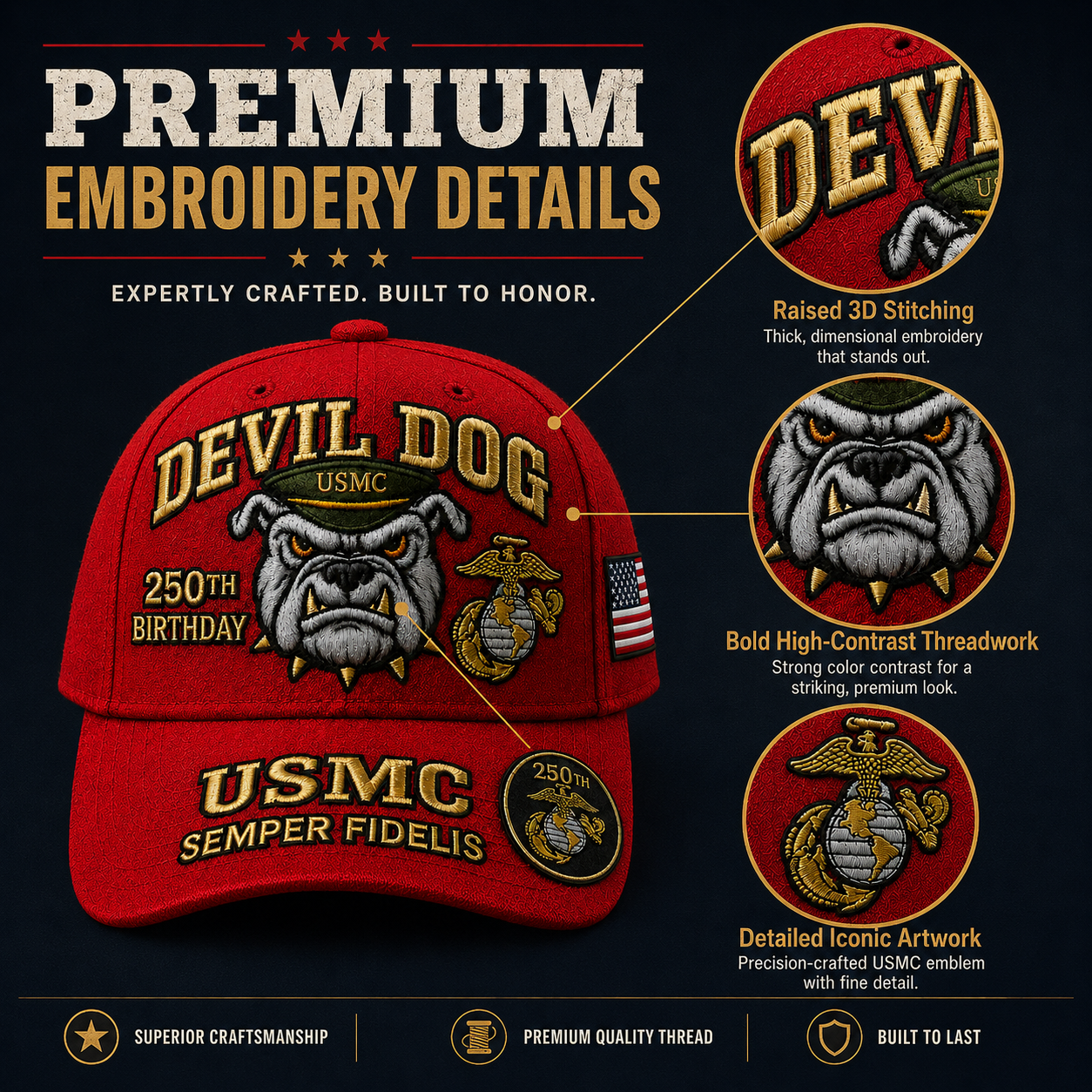 🔥 Father’s Day Sale - ❤️Devil Dog USMC 250th Birthday Commemorative Embroidered Cap（Printed） 🇺🇸