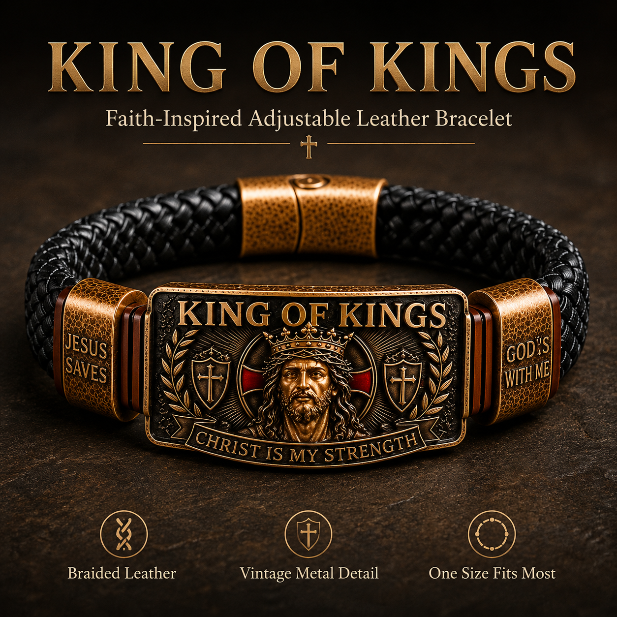 CHRIST IS MY STRENGTH：King of Kings Adjustable Braided Leather Bracelet✝️