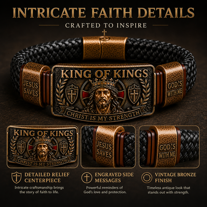 CHRIST IS MY STRENGTH：King of Kings Adjustable Braided Leather Bracelet✝️