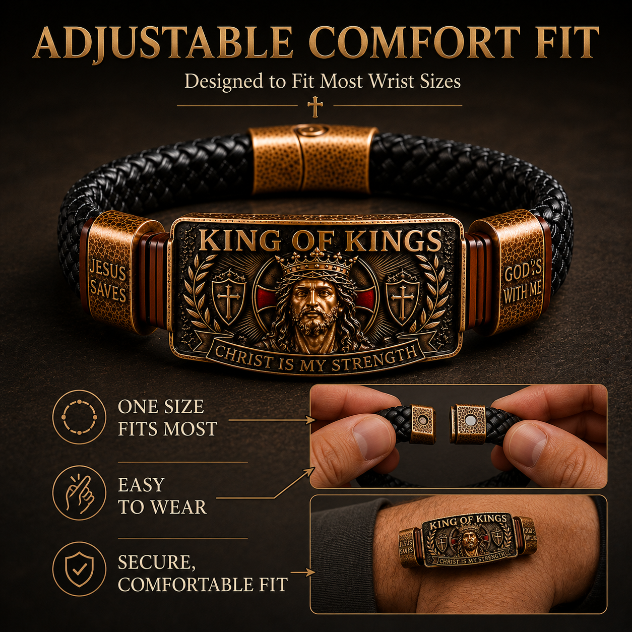 CHRIST IS MY STRENGTH：King of Kings Adjustable Braided Leather Bracelet✝️