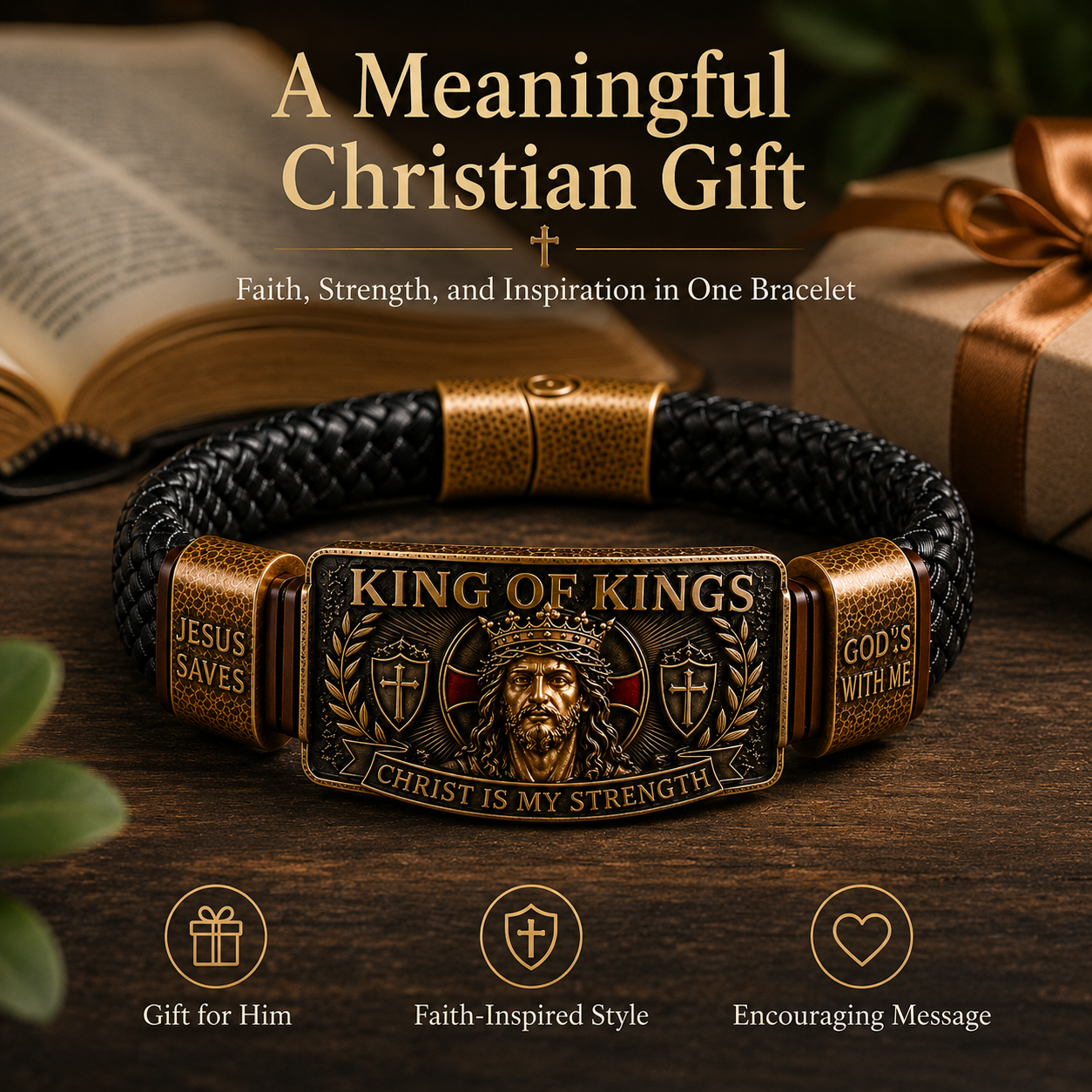 CHRIST IS MY STRENGTH：King of Kings Adjustable Braided Leather Bracelet✝️