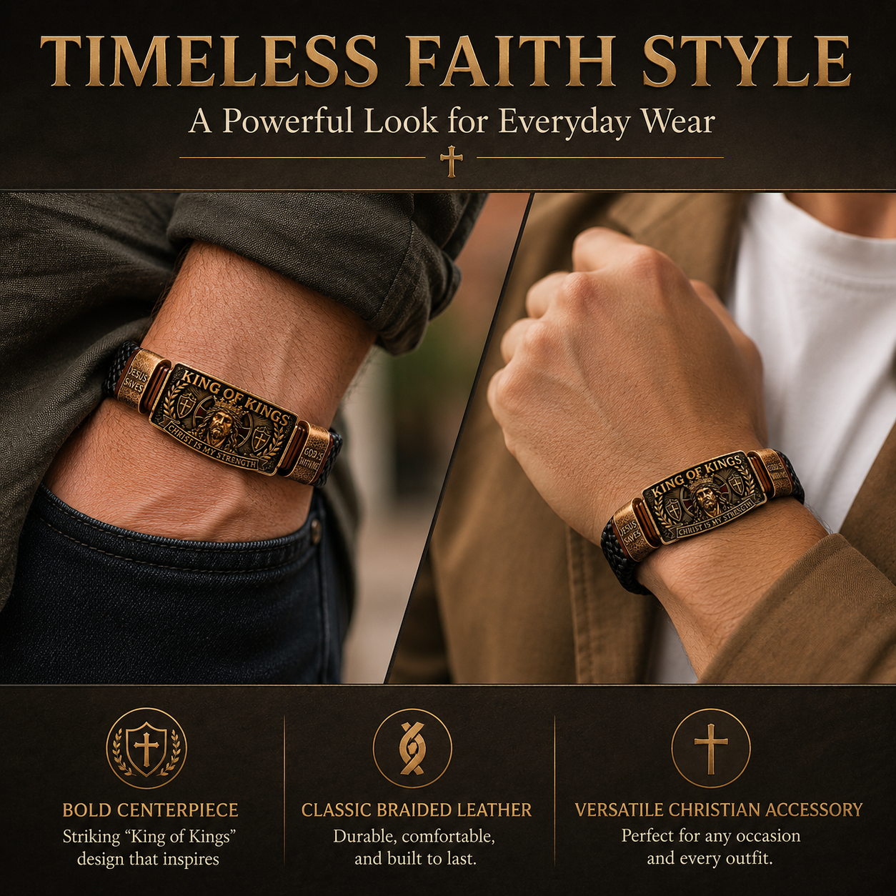 CHRIST IS MY STRENGTH：King of Kings Adjustable Braided Leather Bracelet✝️