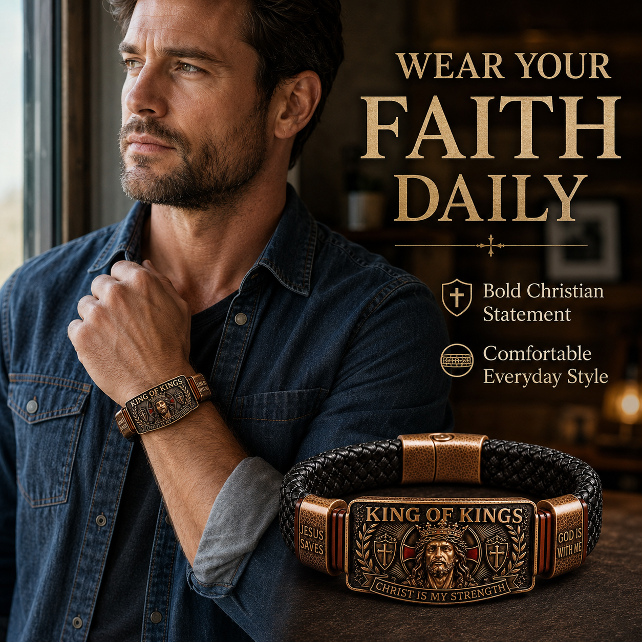 CHRIST IS MY STRENGTH：King of Kings Adjustable Braided Leather Bracelet✝️