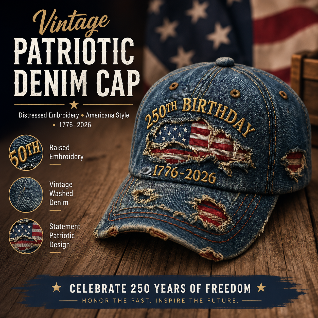 🔥 Father’s Day Sale - ❤️ 🇺🇸 Vintage 250th Birthday Patriotic Denim Cap