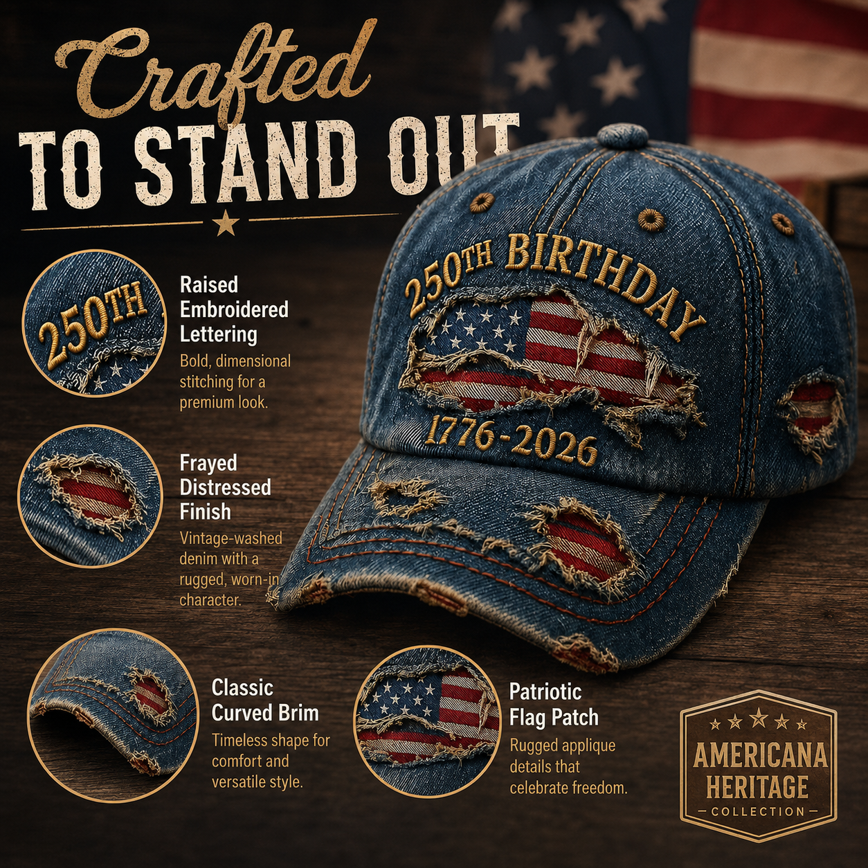 🔥 Father’s Day Sale - ❤️ 🇺🇸 Vintage 250th Birthday Patriotic Denim Cap