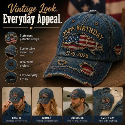 🔥 Father’s Day Sale - ❤️ 🇺🇸 Vintage 250th Birthday Patriotic Denim Cap