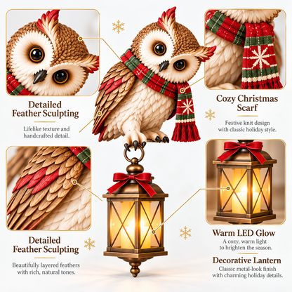 Christmas Owl Figurine with LED Lantern, Festive Scarf Owl Shelf Sitter Ornament for Christmas Home Decor