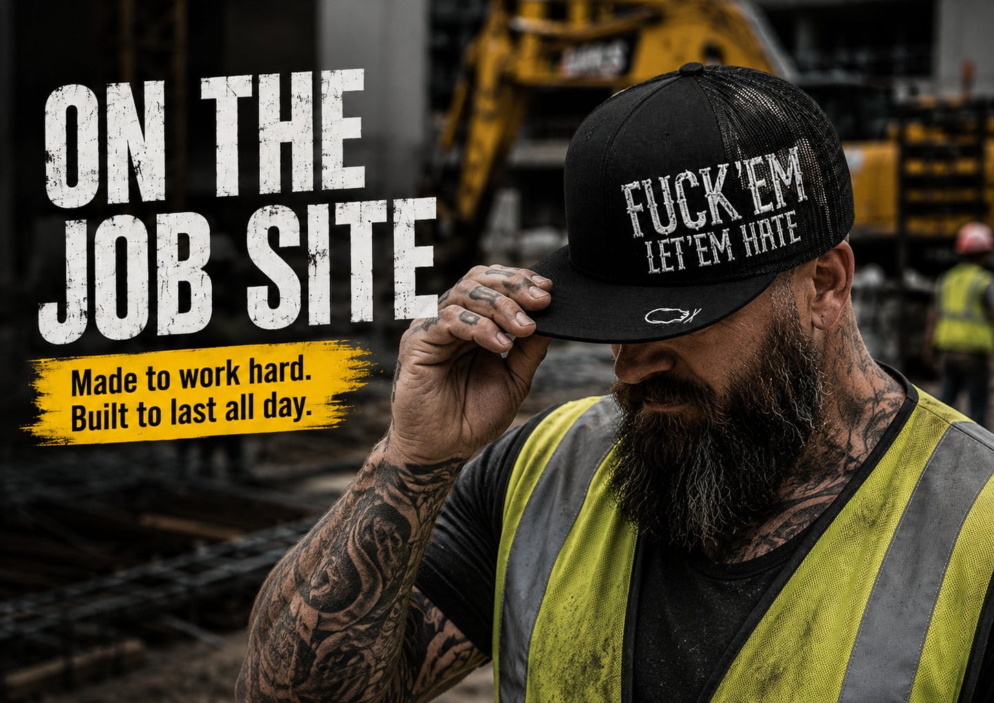 😂🛠️"FUCK EM" LET ’EM HATE Black Snapback Hat – Bold Side Print Mesh Trucker Cap, Flat Bill Streetwear Hat for Men & Women🧢