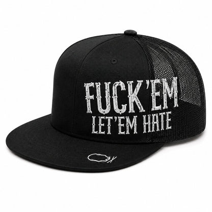 😂🛠️"FUCK EM" LET ’EM HATE Black Snapback Hat – Bold Side Print Mesh Trucker Cap, Flat Bill Streetwear Hat for Men & Women🧢