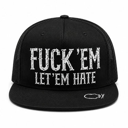 😂🛠️"FUCK EM" LET ’EM HATE Black Snapback Hat – Bold Side Print Mesh Trucker Cap, Flat Bill Streetwear Hat for Men & Women🧢