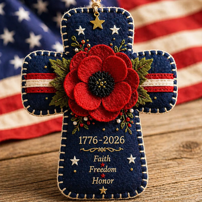 Handmade America 250 Heart Ornament – Patriotic Fabric Decor with Poppy Flower (1776–2026 Anniversary Edition)