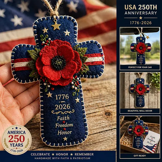 Handmade America 250 Heart Ornament – Patriotic Fabric Decor with Poppy Flower (1776–2026 Anniversary Edition)