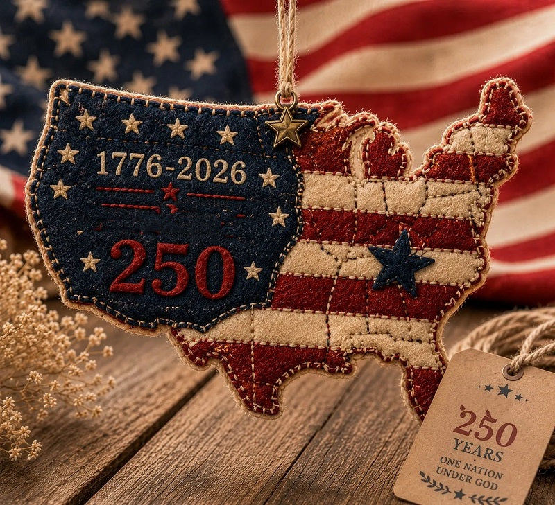 Handmade America 250 Heart Ornament – Patriotic Fabric Decor with Poppy Flower (1776–2026 Anniversary Edition)