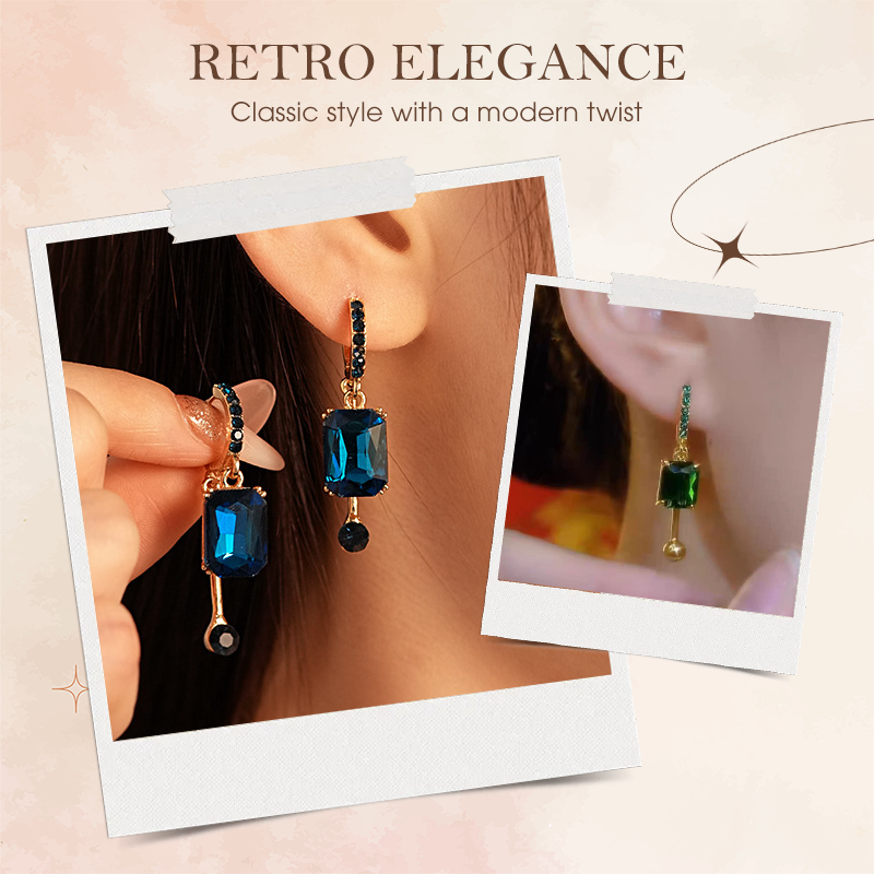💎 ✨ Vintage Geometric Dangle Stud Earrings, Copper Frame Inlaid Synthetic Crystal Drop Earrings – Geometric, Dangling, Clip-On ✨