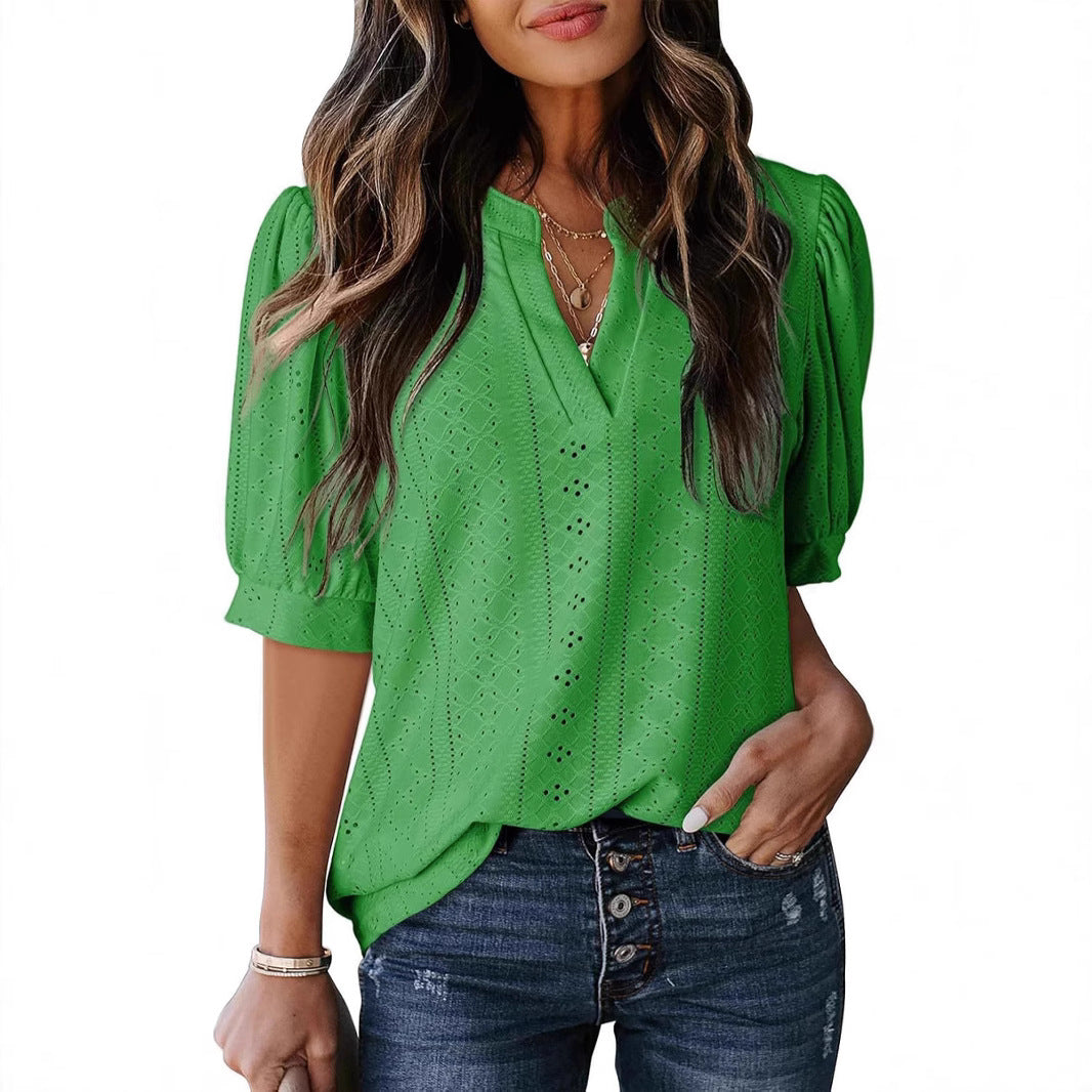 🏆🔥Women's Summer Casual Blouses V Neck Short Sleeve Shirts Hollow Out Cute Tops Loose Fit Breathable Fabric