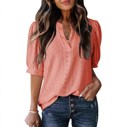 🏆🔥Women's Summer Casual Blouses V Neck Short Sleeve Shirts Hollow Out Cute Tops Loose Fit Breathable Fabric