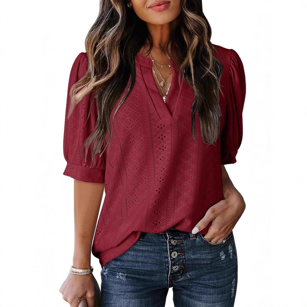 🏆🔥Women's Summer Casual Blouses V Neck Short Sleeve Shirts Hollow Out Cute Tops Loose Fit Breathable Fabric