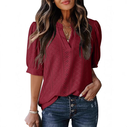 🏆🔥Women's Summer Casual Blouses V Neck Short Sleeve Shirts Hollow Out Cute Tops Loose Fit Breathable Fabric