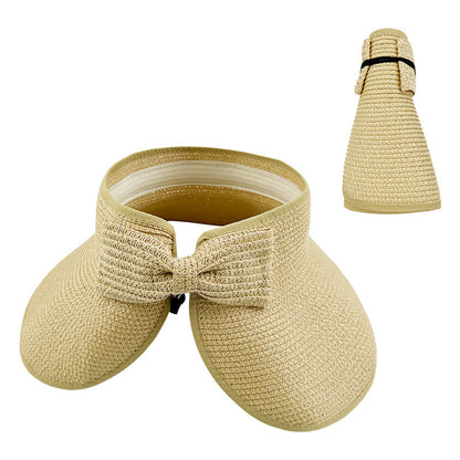 Women's Solid Color Cute Bow Design Wide Brim Straw Hat