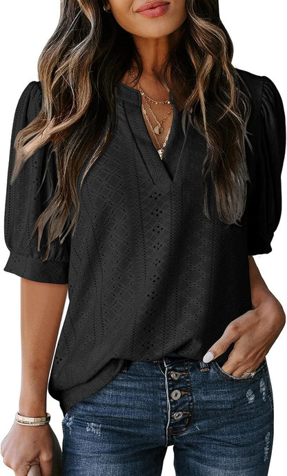 🏆🔥Women's Summer Casual Blouses V Neck Short Sleeve Shirts Hollow Out Cute Tops Loose Fit Breathable Fabric