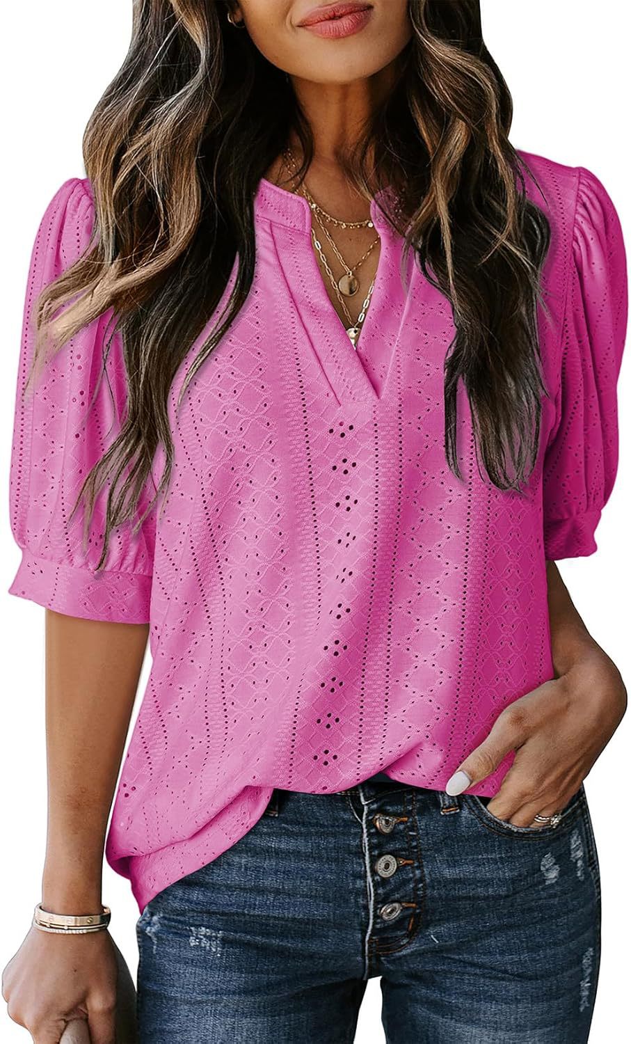 🏆🔥Women's Summer Casual Blouses V Neck Short Sleeve Shirts Hollow Out Cute Tops Loose Fit Breathable Fabric