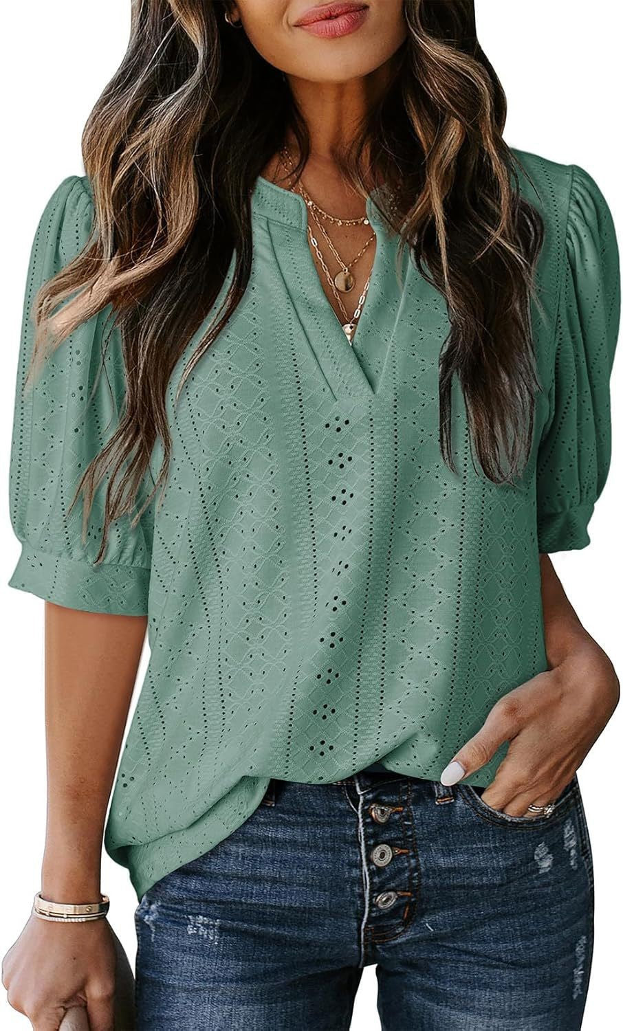 🏆🔥Women's Summer Casual Blouses V Neck Short Sleeve Shirts Hollow Out Cute Tops Loose Fit Breathable Fabric