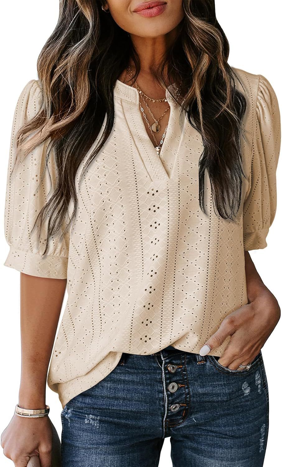 🏆🔥Women's Summer Casual Blouses V Neck Short Sleeve Shirts Hollow Out Cute Tops Loose Fit Breathable Fabric