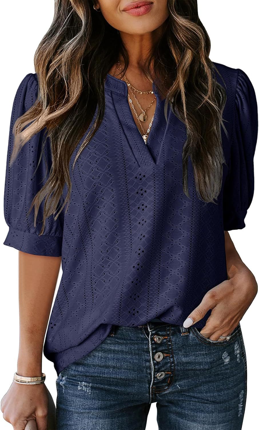 🏆🔥Women's Summer Casual Blouses V Neck Short Sleeve Shirts Hollow Out Cute Tops Loose Fit Breathable Fabric