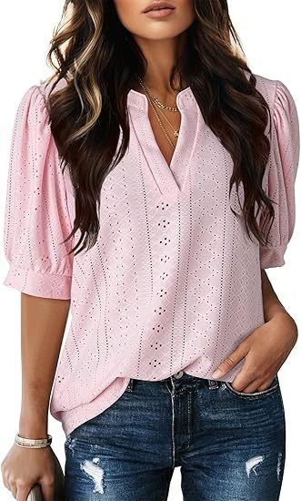🏆🔥Women's Summer Casual Blouses V Neck Short Sleeve Shirts Hollow Out Cute Tops Loose Fit Breathable Fabric