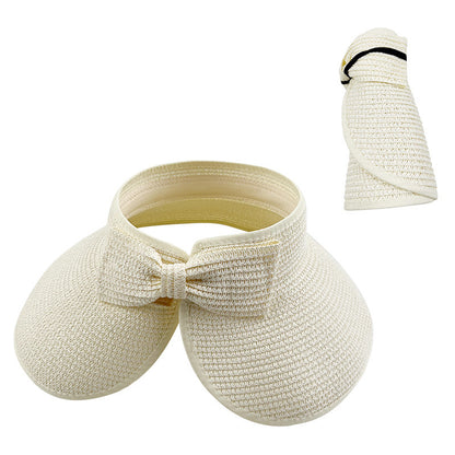 Women's Solid Color Cute Bow Design Wide Brim Straw Hat