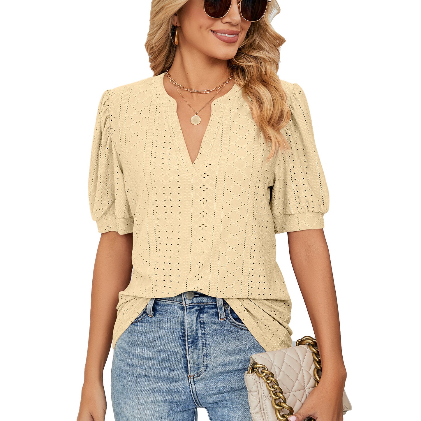🏆🔥Women's Summer Casual Blouses V Neck Short Sleeve Shirts Hollow Out Cute Tops Loose Fit Breathable Fabric