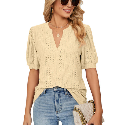 🏆🔥Women's Summer Casual Blouses V Neck Short Sleeve Shirts Hollow Out Cute Tops Loose Fit Breathable Fabric