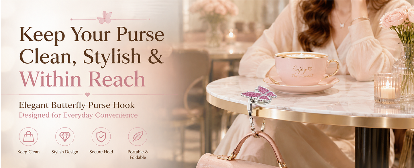 🦋Foldable Purse Hook for Table - Portable Bag Holder,Folding Handbag Hanger Various Heavy Items Desk Hook