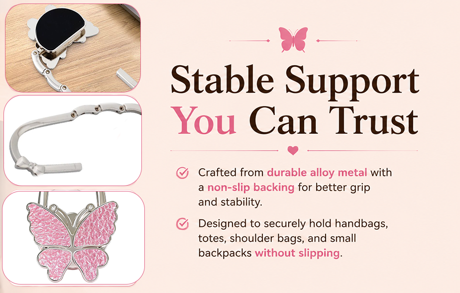 🦋Foldable Purse Hook for Table - Portable Bag Holder,Folding Handbag Hanger Various Heavy Items Desk Hook