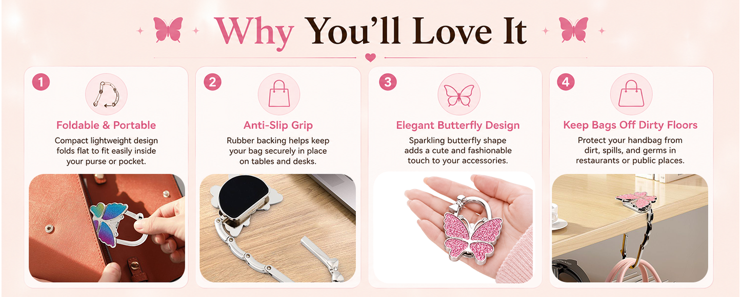 🦋Foldable Purse Hook for Table - Portable Bag Holder,Folding Handbag Hanger Various Heavy Items Desk Hook