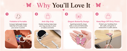 🦋Foldable Purse Hook for Table - Portable Bag Holder,Folding Handbag Hanger Various Heavy Items Desk Hook