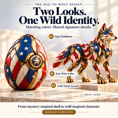 🐺 American Wolf Egg – Stars & Stripes Mechanical Wolf Figure with Layered Armor & Gold-Toned Details