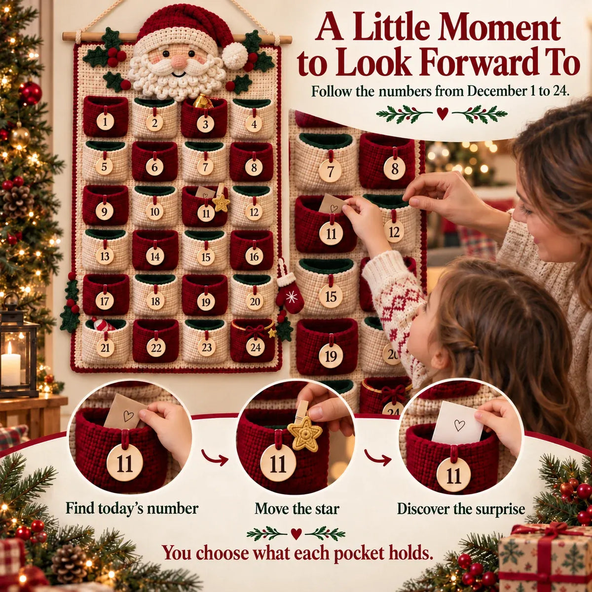 ⏳ 🧶 DIY Crochet Advent Calendar Kit | 24 Refillable Pockets, 4 Christmas Characters & Complete Crochet Materials 🎄