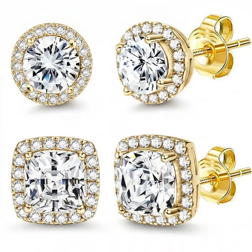 Halo Stud Earrings 4-Pack(Buy 1 get 1 free) - Gold & Silver Round/Square Styles