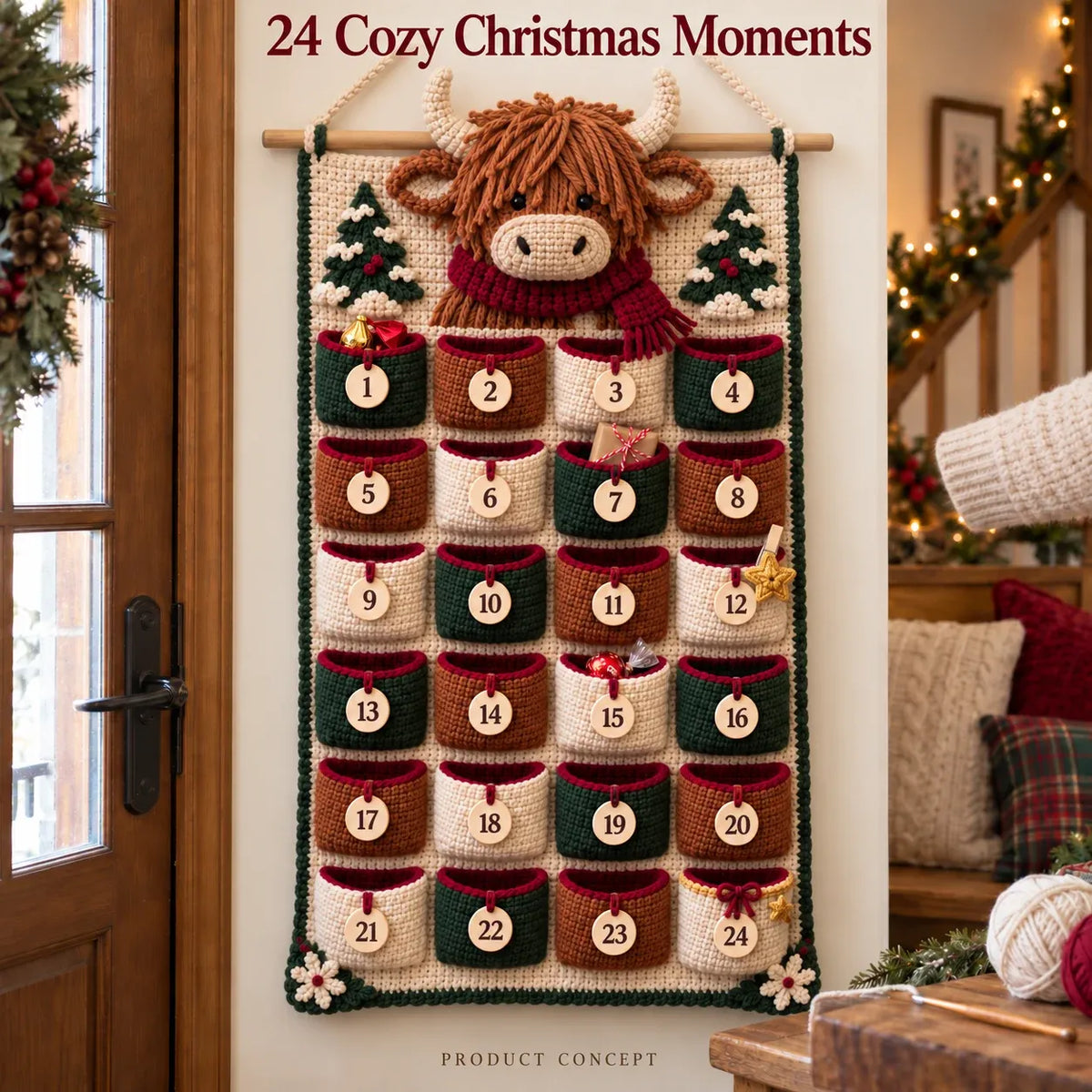 ⏳ 🧶 DIY Crochet Advent Calendar Kit | 24 Refillable Pockets, 4 Christmas Characters & Complete Crochet Materials 🎄
