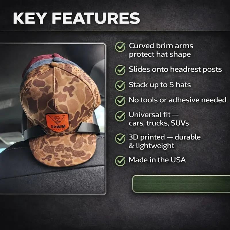 Universal Headrest Hat Holder for Trucks Cars & SUVs | Holds 5 Hats