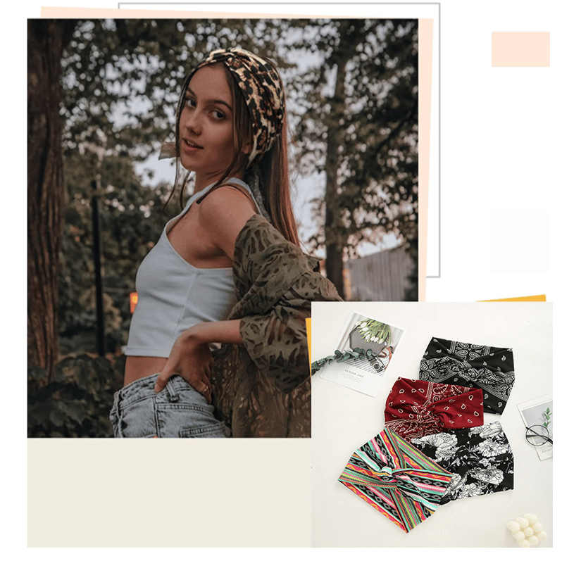 Bohemian-style hairband with a paisley print, wide elasticated hairband
